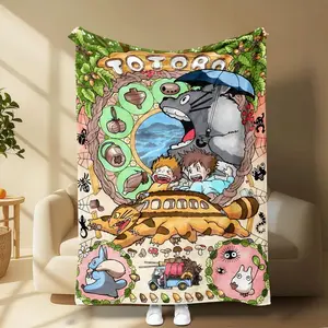 Totoro Flannel Blanket Vintage Forest Illustration, Warm Cozy Bed Sofa Travel, Great Collectible for Studio Ghibli Fans