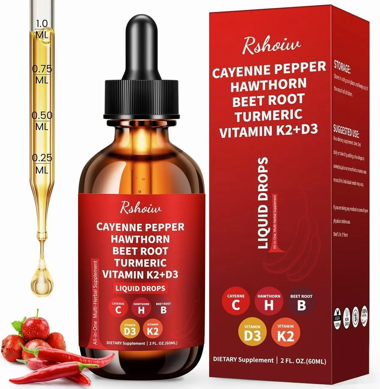 Cayenne Pepper Drops Supplement Liquid with Hawthorn Berry, Vitamin D3 K2, Turmeric Curcumin, Beet Root, Ceylon Cinnamon Vegan- Friendly - 60ml