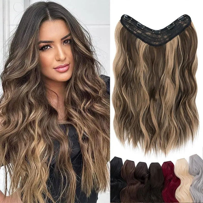 18" 45CM V-Shaped One Piece Clip In Hair Extensions Curly Wavy Hair With 5 Clips Synthetic Invisible Hairpieces For Women 18" 45CM V-Shaped One Piece Clip In Hair Extensions Curly Wavy Hair With 5 Clips Synthetic Invisible Hairpieces For Women