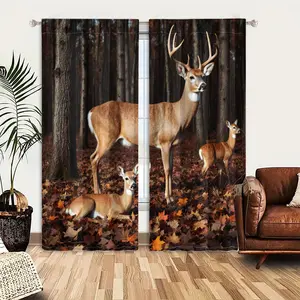 2pcs Window Curtains, A large buck, a young deer, and a fawn are in an autumn forest. The ground is covered with brown and orange fallen leaves.Window Drapes for Bedroom Living Room, Rod Pocket Window Treatment