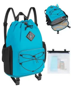 Drawstring Backpack with Removable Wet Pocket, Sandproof Sportsnew Beach Backpack with Bottom Compression Strap for Beach Mat, Swim Bag for Pool, Gym, Travel and Workout Gear