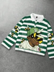 Rapper green striped polo long sleeved men's t-shirt, unisex short trendy brand shirt, Rapper bee print pattern striped polo collar long sleeved shirt collar t-shirt European and American street style Polo Shirts