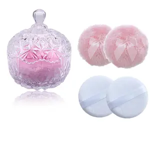 5 Pieces Large Body Powder Puff and Powder Container, Crystal Case for Dust Puff, Powder applicator with Box for Face and Body (Clear, Crown)