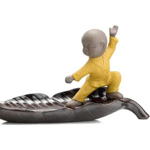 Thy Home Traditional Handmade Ceramic Yellow Monk on Lotus Leaf Incense Burner - Fragrance Aroma Holder with Ash Catcher Tray for Incense Sticks, Cones