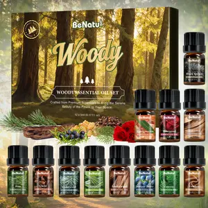 Benatu Wooden Essential Oil Set- Cedarwood, Teak, Rosewood, Forest Pine & Woody Scents for Diffuser, Humidifier, Candle & Soap Making- Home Fragrance 12pcs