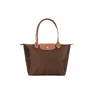 Longchamp Le Pliage Solid Logo Snap Zipper Foldable Nylon Tote Shoulder Bag for Women in Ebony