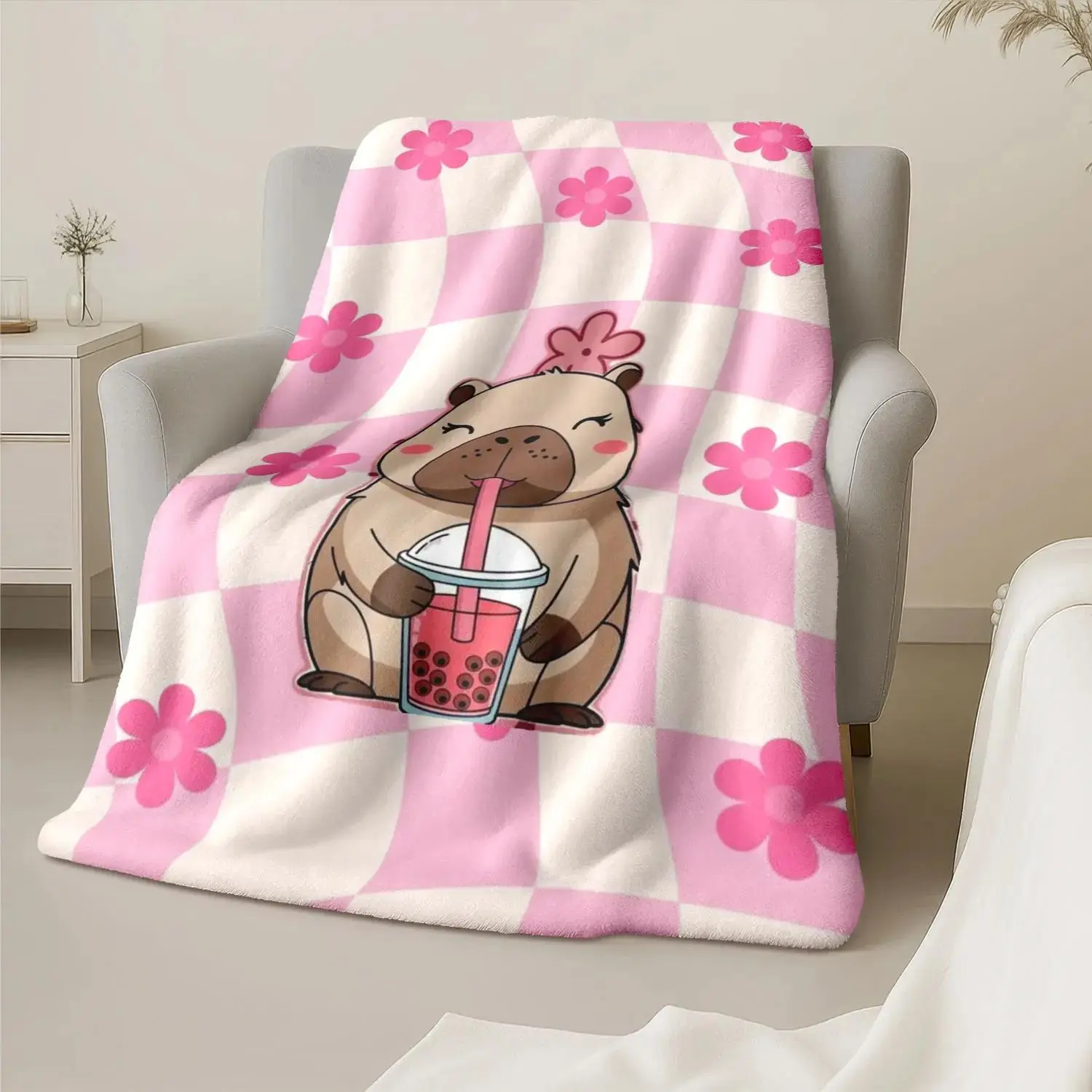 1pc-Super comfortable and cute flannel throw blanket with capybara checkerboard pattern design on a pink background, high-definition digital printing leisure blanket, all- universal cover blanket