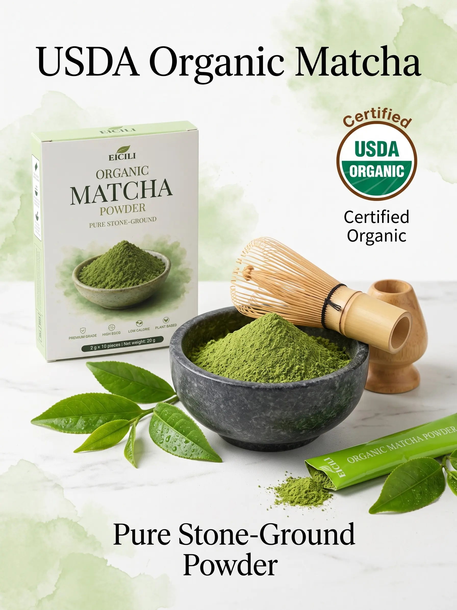 EICILI Organic Matcha Green Tea Powder Sticks - USDA Organic, Premium Stone-Ground Matcha, Smooth Flavor for Matcha Latte & Hot/Iced Drinks, Single Serve Travel Packets, 10 Count