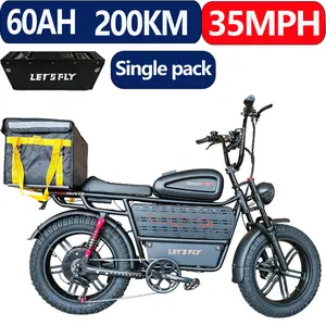 LET'S FLY H20 20 Inches 48V 60Ah 200KM 125 Mile Long Range Adult Electric Bike 2000W Brushless Motor 35MPH Mountain Ebike Dual Suspension Off Road Fat Tyre All Terrain Courier Cargo Delivery Bicycle Urban Commuting Removable Lithium Battery E-bike