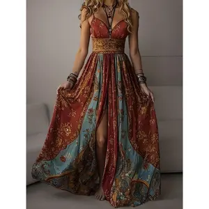 LN1640 New Summer Bohemian Printed V-Neck Thin Strap Vacation Style Women'S Dress