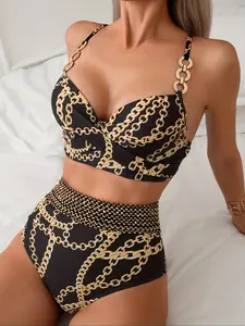 Women's Bikini Two-Piece Set, Metal Chain Print, Adjustable Shoulder Straps, Backless Design, Summer Beach Pool Party Casual Style