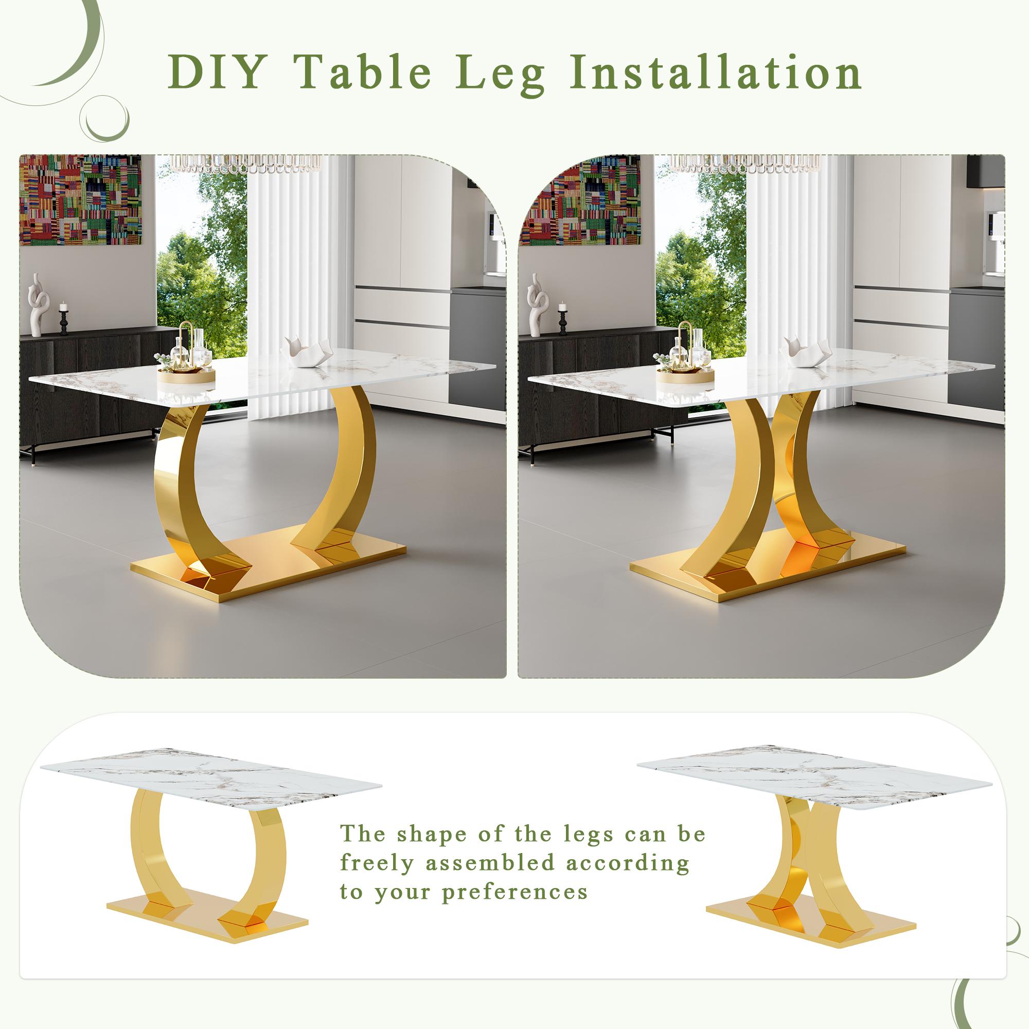 Dining Table Set for 6,Kitchen Table Chairs Set of 6,Modern Rectangular Dining Room Set 63" White Tempered Glass Top with Adjustable Stainless Steel Base,Velvet Upholstered Chairs,Golden Stainless Steel Plating Legs,Suitable for Dining Room,Office,Kitchen
