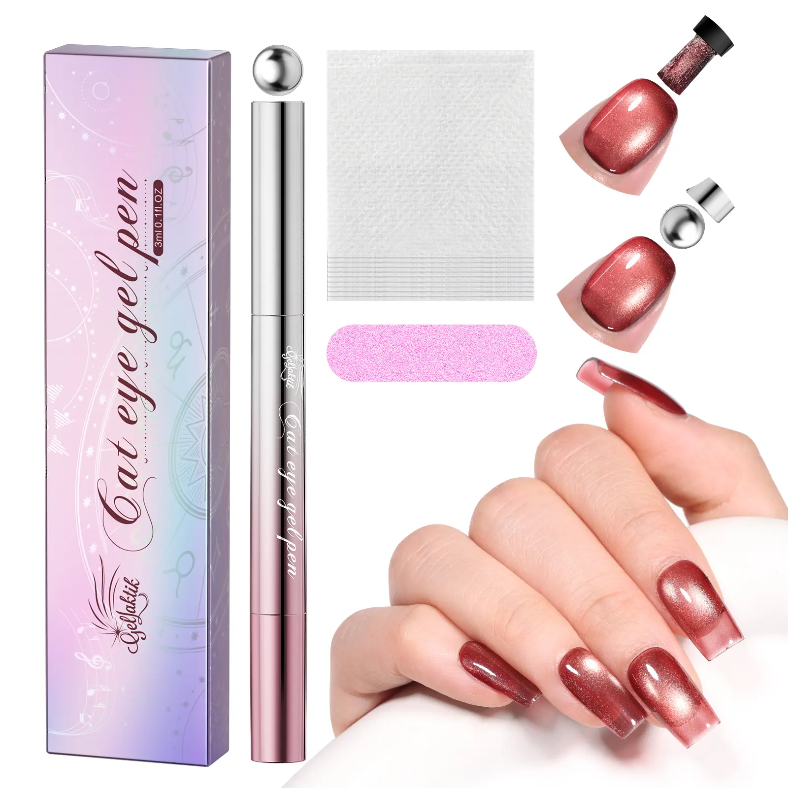 7-in-1 Cat Eye Gel Nail Art Pen, 1-Step Magnetic Polish with Detachable Tip-Snapping Magnet, No Base/Top Coat Needed, Salon-Quality for Home Polygel & Press-On Nails