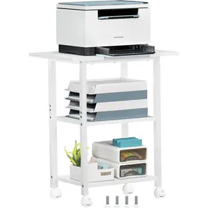 3-Tier Printer Stand, Industrial Mobile Printer Table with Storage Shelf and Steel Frame, Rolling Printer Cart Holder with Lockable Wheels for Home, Office (White)