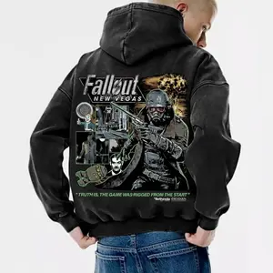 Men's Fallout Hoodie 100% Cotton "Fallout New Vegas" Graphic Back Print Vintage Washed Pullover Super Soft Pre-Shrunk Unisex Fit