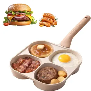 Multifunctional 4 Hole Skillet for Eggs, granite-style pancake pan with wooden handle Pancakes, Omelet, Hamburger, Compact Induction Household Kitchen Cookware, Granite Nonstick, Easy Clean