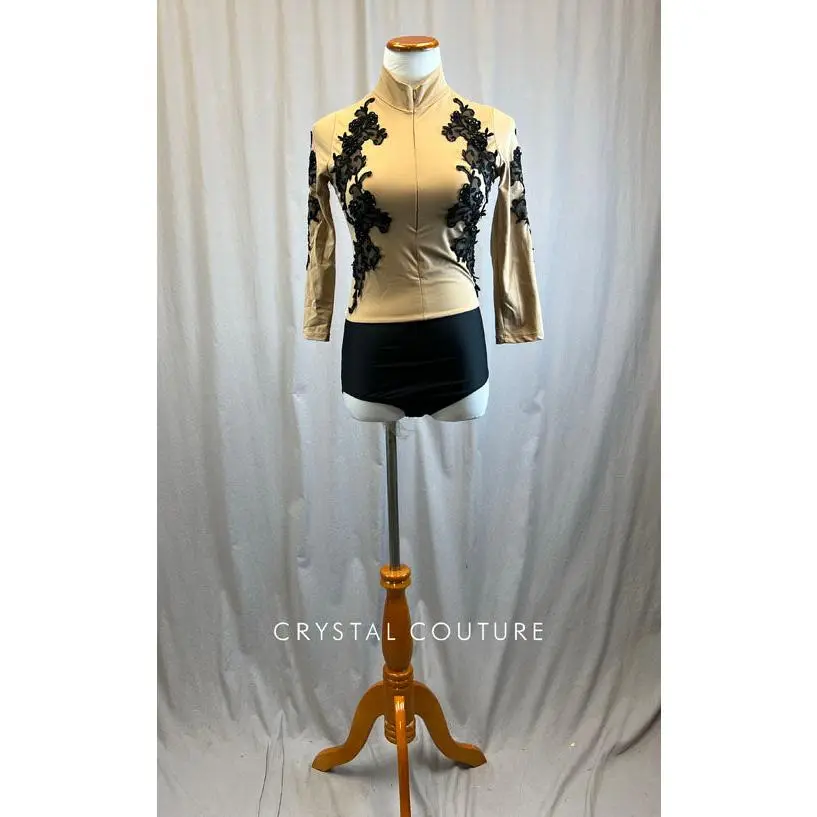 Custom Nude Mock Neck Front Zip Leotard with Black Appliques
