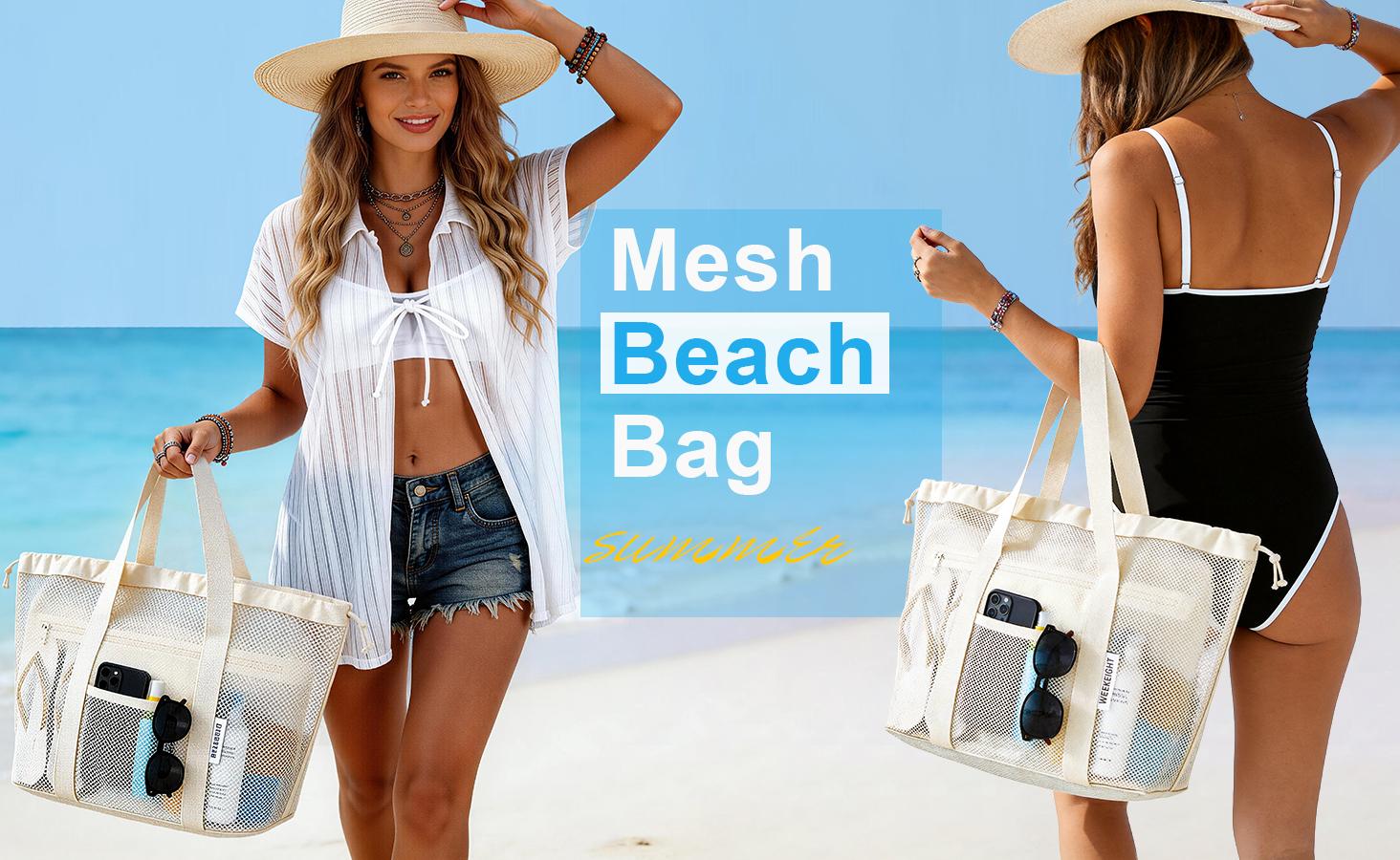 B2LOVER Large Capacity Beach Tote Bag with Waterproof Storage Pouch Bath Bag Portable Foldable Drawstring Bath Travel Toiletry Bag Gym Swim Beach Storage Organizer Multi-Purpose Ventilated Travel Organizer Toiletry Bag Makeup Bag Mesh Tote for the Beach