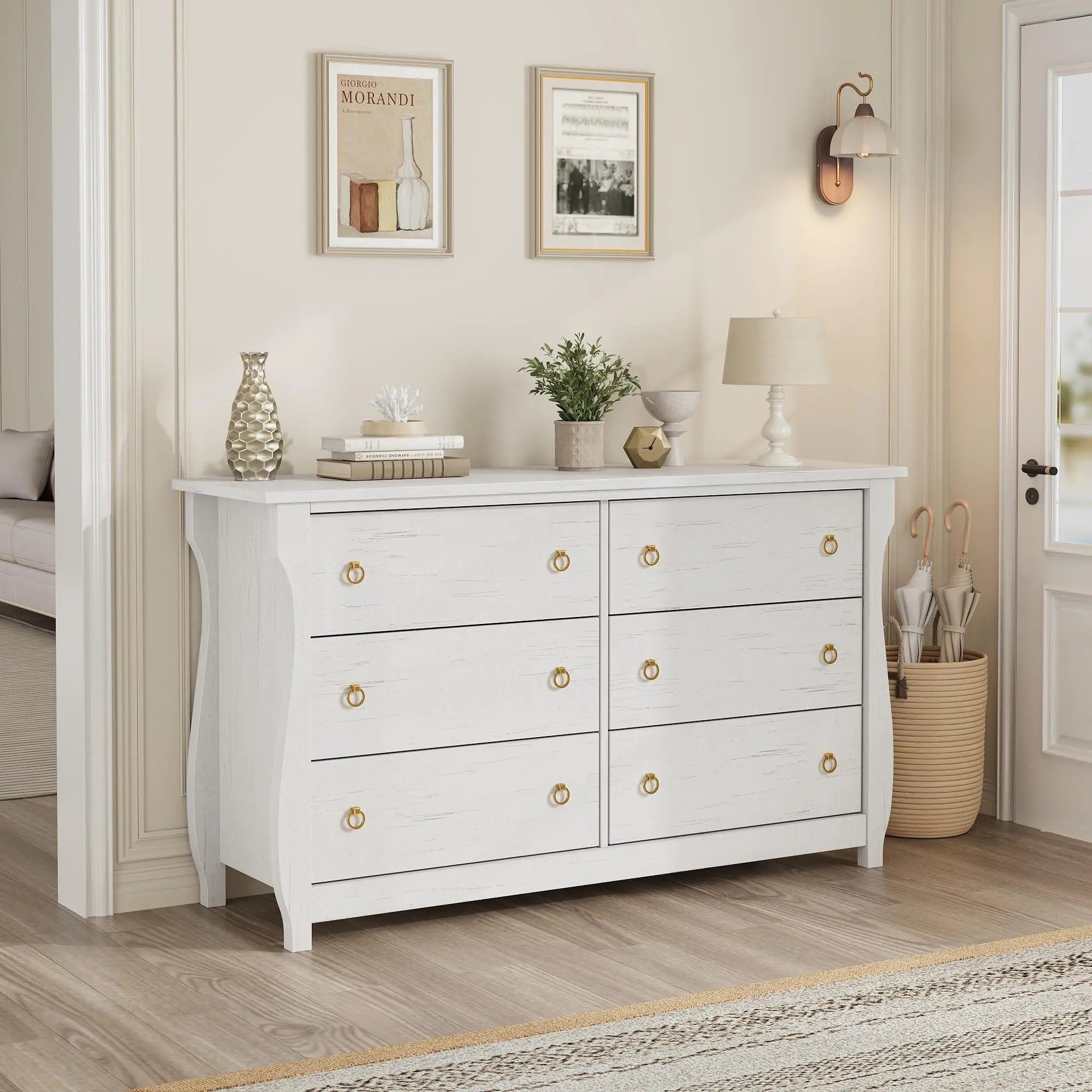 Antik-weiße Wood-Chest of Drawers with 6 Drawers  -  120 cm breit, elegante schwarze Metallgriffe, viel Stauraum, stabil, einfach zu montieren, ideal for Schlafzimmer, Living Room oder Hallway  -