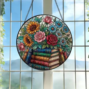Book Stained Glass Suncatcher Flower Bookshelf Suncatcher Flowers Book Window Hanging Reading Room Art Gift for Teacher Book Lover Gift S49