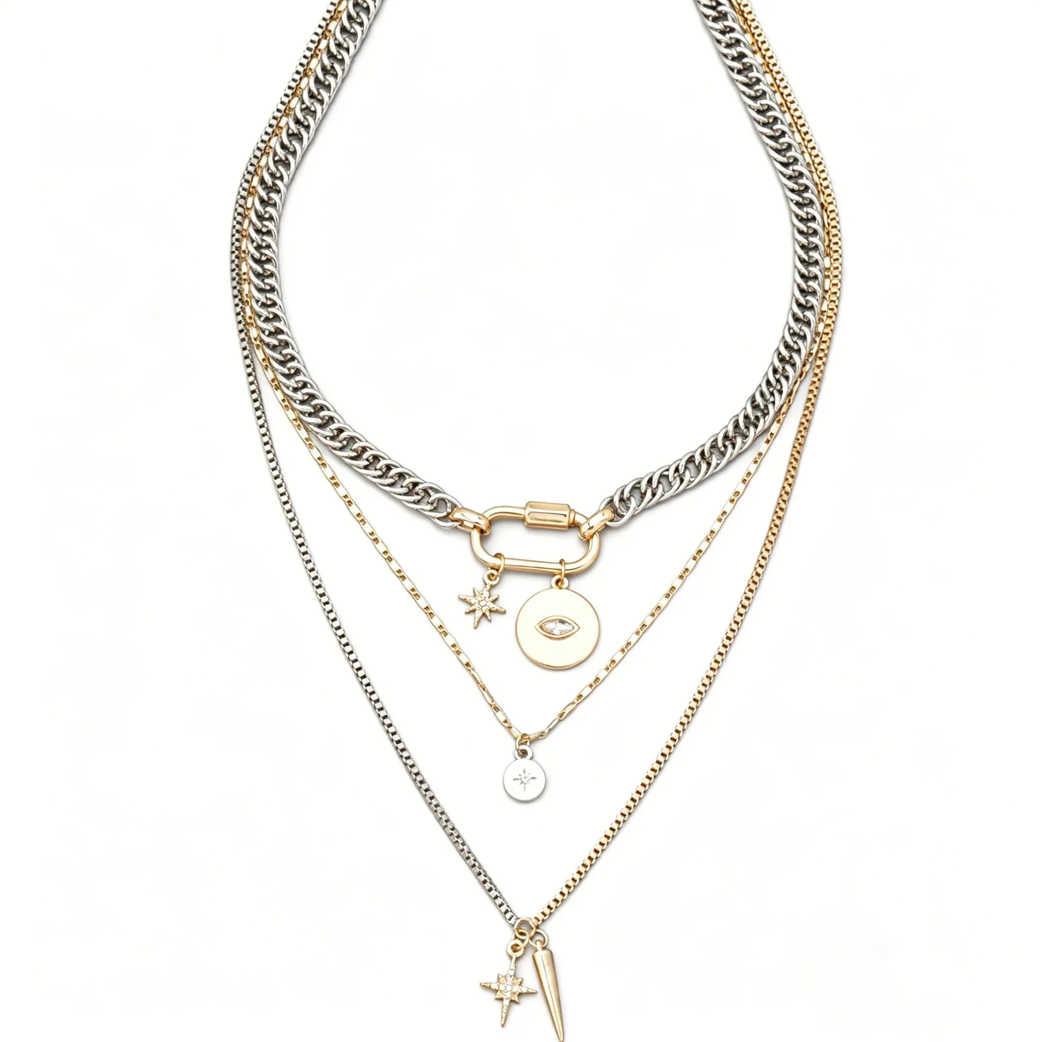 Ladies' star charm necklace, two tone gold and silver stacked Cuban chain necklace, multi-layered Bohemian style jewelry, daily commuting accessories