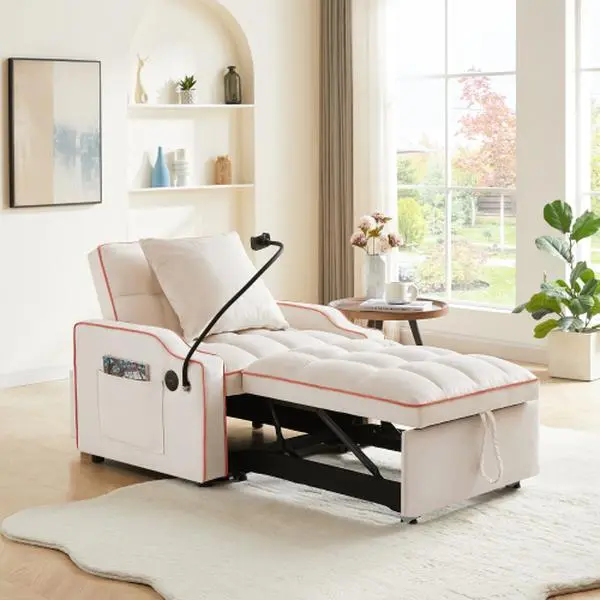 Bellemave 3-in-1 Convertible Sleeper Sofa Chair Bed - Compact Classic Soft Velvet Pull-Out Bed with 3 Positions, Adjustable Backrest, Phone Holder, USB, Type-C Ports, Quick Setup for Small Space Living Room, Three Positions