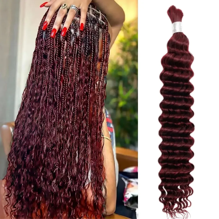 99J Burgundy Human Braiding Hair for Boho Braids Deep Wave Bulk Human Hair Knotless Boho Braiding Red Colored Curly Brazilian Virgin Hair Bundles Unprocessed No Weft Human Hair Extensions for Women 50g 1 Bundle/Pack