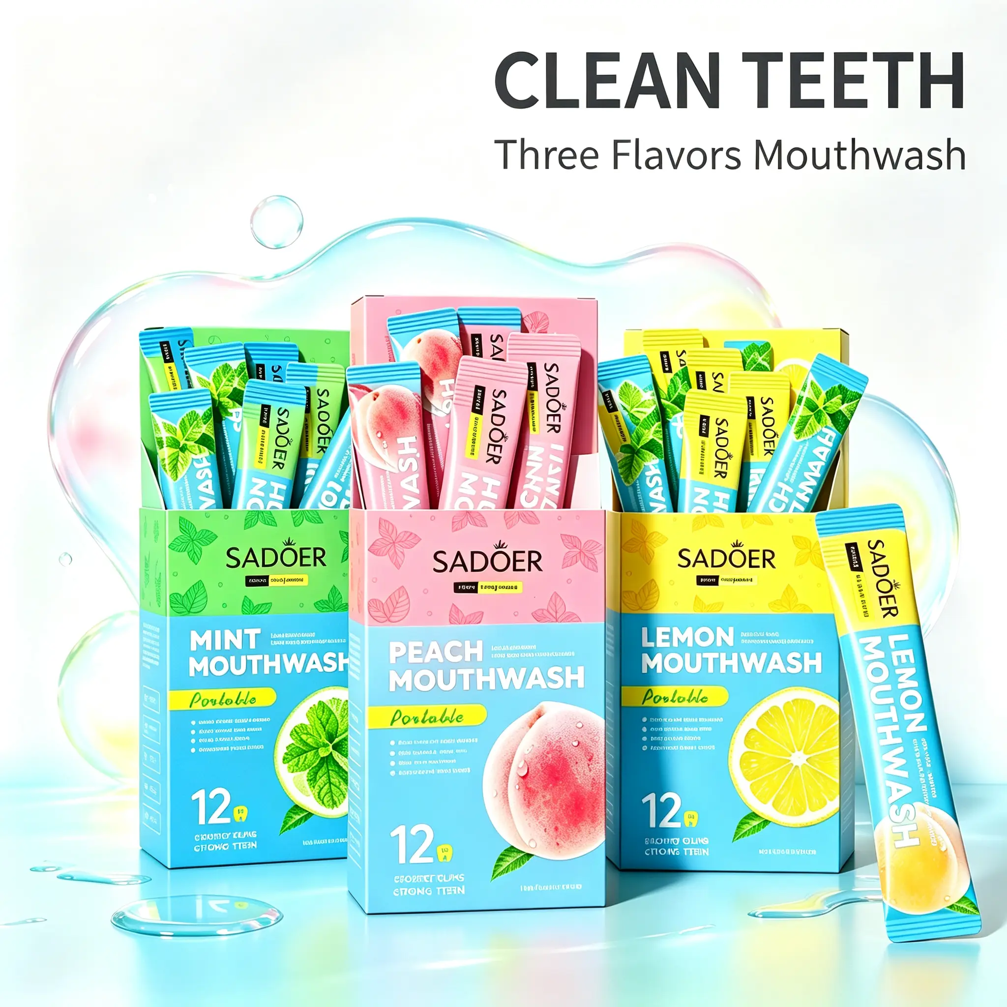 SADOER Travel-Size Mouthwash (12-Pack), Portable Oral Care Rinse with 3 Fresh Flavors - Peach, Mint, Lemon - for On-the-Go Fresh Breath