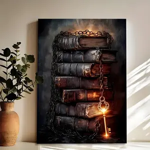 Dark Academia Forbidden Book Canvas Art - Gothic Library Wall Decoration with Chain Books and Keys, Can Be Hanged Directly, Wooden Frame, Suitable for Home Office, Bedroom or Living Room, Literary Symbolism, Thoughtful Gift for Enthusiasts, Living Ro