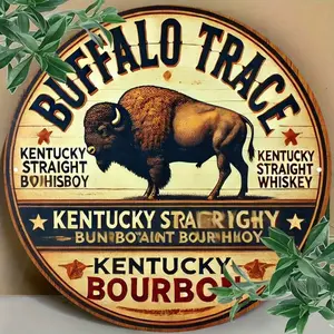 Buffalo Trace Vintage Metal Tin Sign - Rustic Round Kentucky Bourbon Wall Art, Retro Home Bar & Man Cave Décor, Vintage Decor