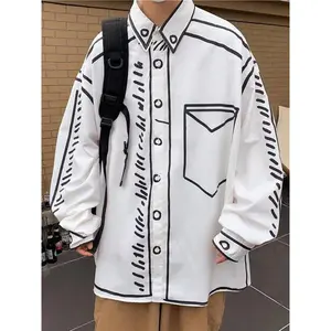Men's Manga Cartoon Printed Line Shirts for Spring & Summer,Casual Loose Long Sleeve Shirt for Back To School,Men's Clothes,Men's Shirt for Daily Wear