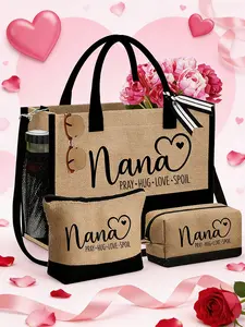 Nana Black Khaki Color Blocked Tote Bag With The Letters Nana Love Pattern, Storage Tote, Square Cosmetic Pouch, Portable Travel Toiletry Bag, For Valentine'S Day, Friend Birthday, Anniversary, Ramadan Gifts
