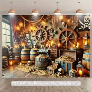2D Flat Banner, 1pc Pirate Treasure Backdrop - Pirate Ship Wheel, Skull Flags, Lanterns - Vintage Pirate Decor for Birthday, Halloween, Photo Booth - Durable Polyester Fabric Indoor/Outdoor Party Decoration -