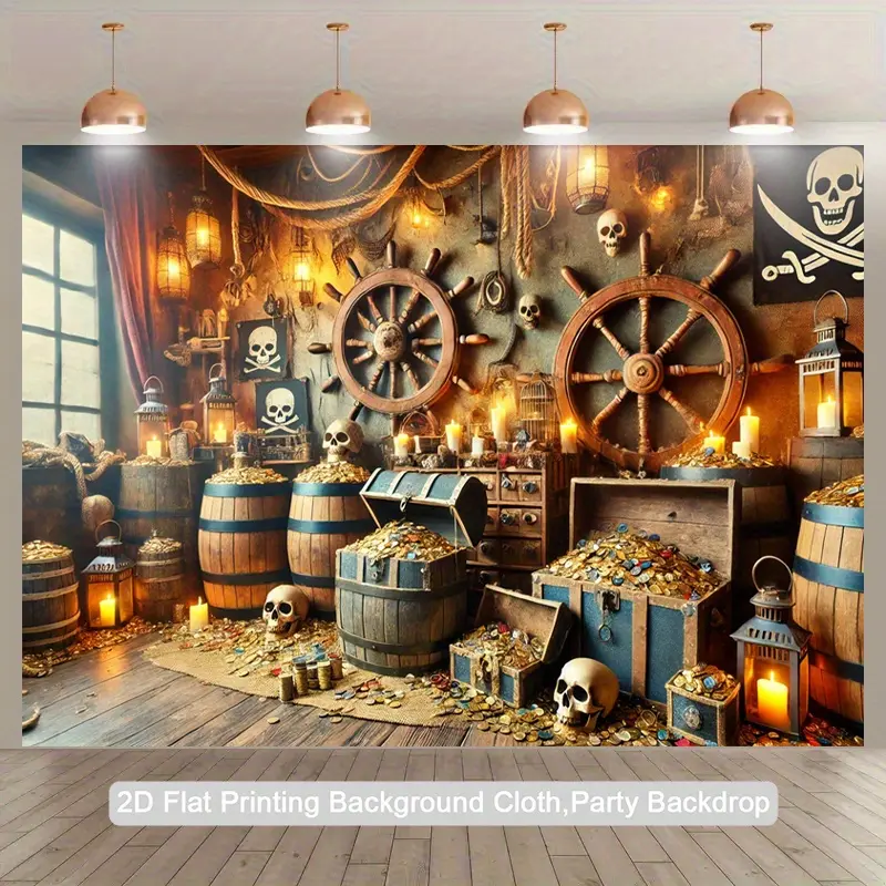 2D Flat Decorative Banner, 1pc Pirate Treasure Backdrop - Pirate Ship Wheel, Skull Flags, Lanterns - Vintage Pirate Decor for Birthday, Halloween, Photo Booth - Durable Polyester Fabric Indoor/Outdoor Party Background Decoration -