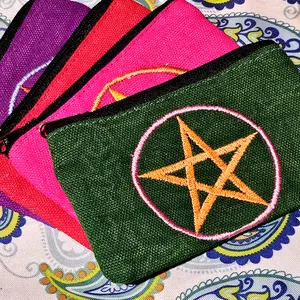 Durable Embroidered Canvas Pentacle Zipper Bag with inside liner, 4"x6", Colors Vary, New Age Import Inc, made in India.