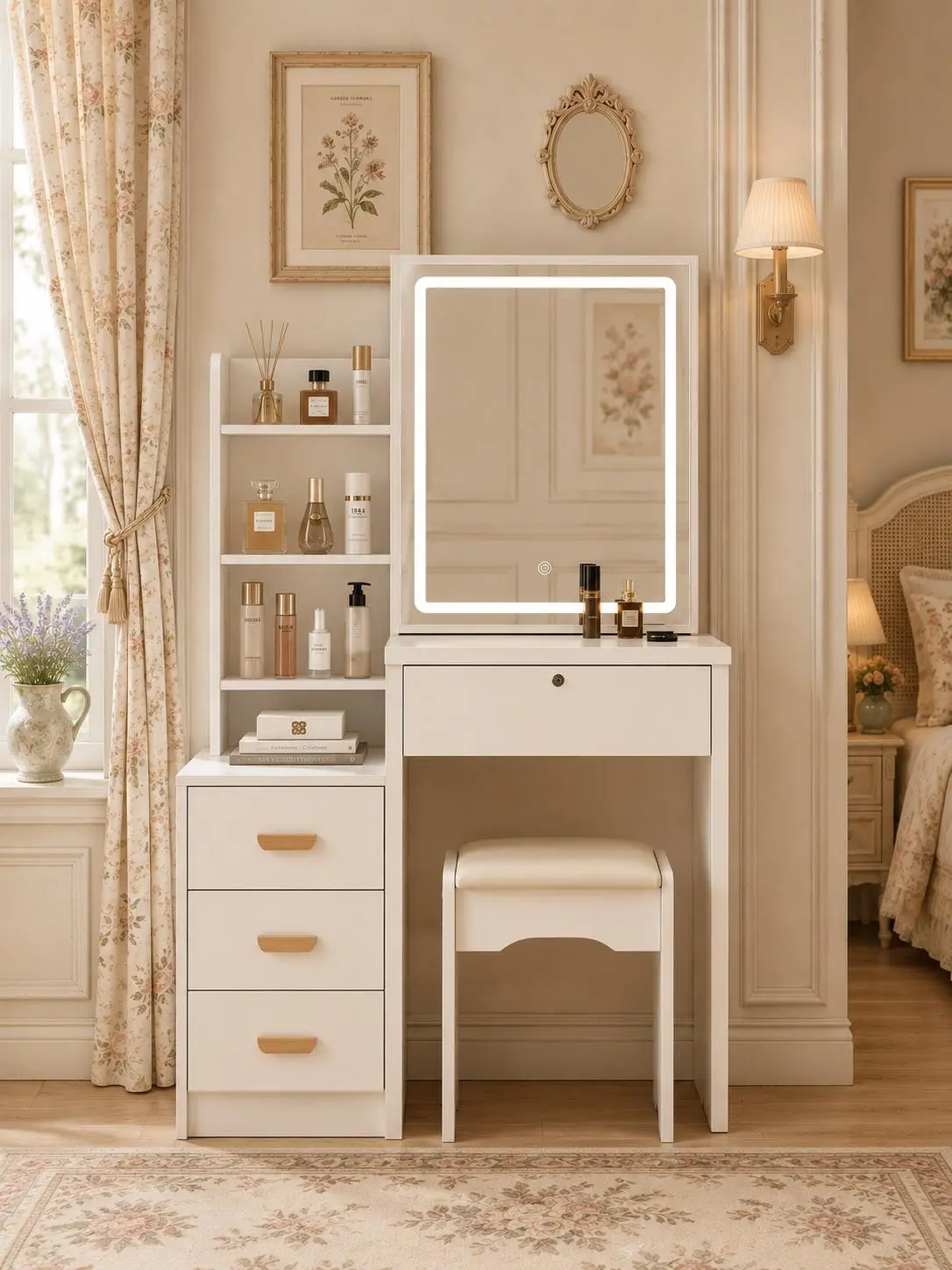 White Makeup Vanity Set with LED Lighting Mirror, Drawers, 3-Tier Shelves, Matching Vanity Chair - Large Storage Indoor Bedroom Dressing Table Furniture