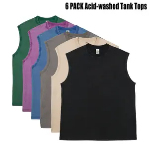 6PACK 230G Mens Workout Tank Tops Sleeveless Tee Shirts Men Muscle Shirt Gym Acid Wash T Shirts Running Beach Loose Fit Tee