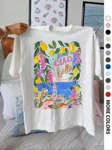 Women's Lemon & Letter Print Round Neck Tee, Vintage Trendy Casual Short Sleeve T-shirt for Casual Everyday Wear, Ladies Summer, Top