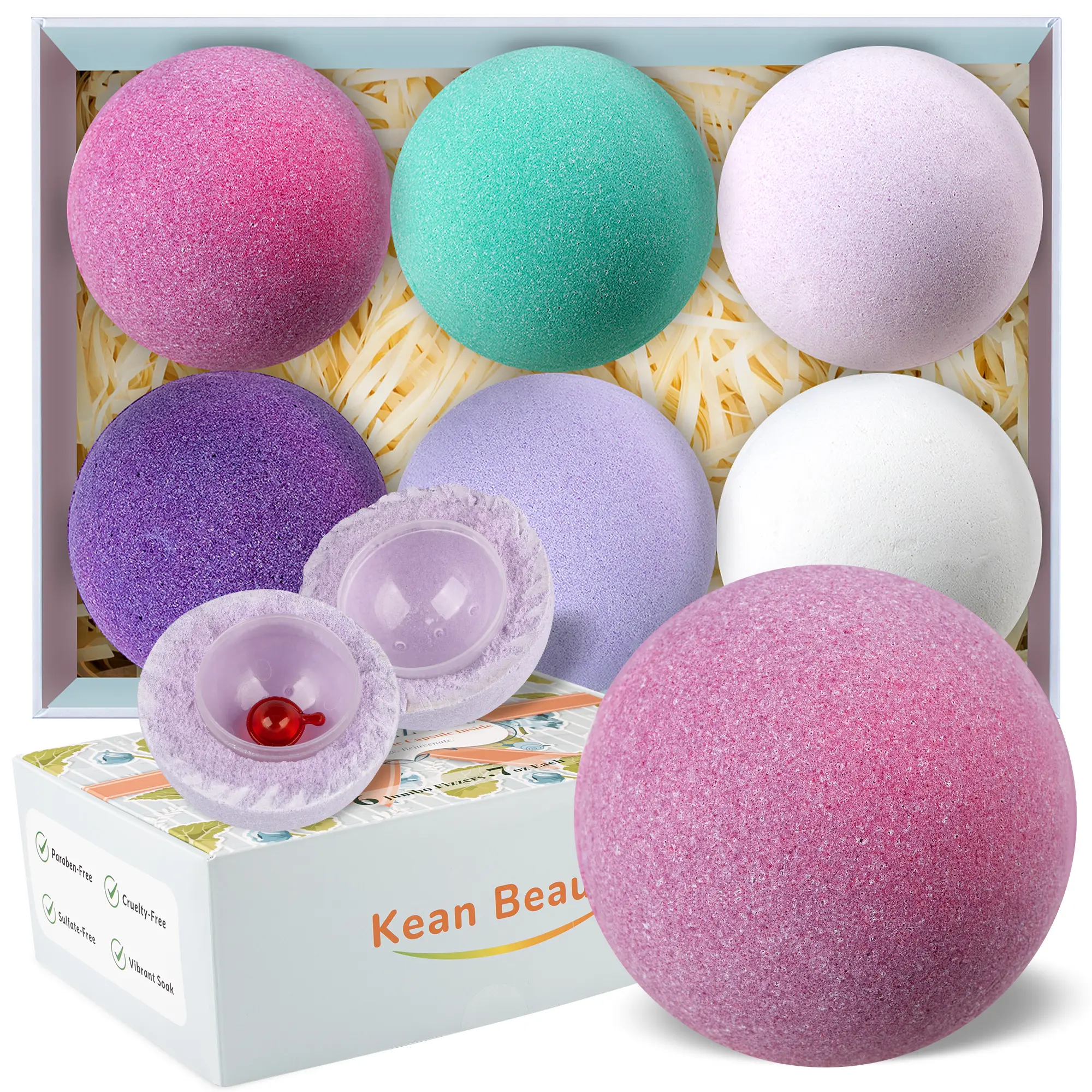 Kean Beauty Self-Care Six Luxury Bath Bomb Set with Hair Shine Capsule – 6 Jumbo 7oz Fruit-Infused Fizzers, Relaxing Spa Gift Pack for Women, Mom, Daughter & Girlfriend