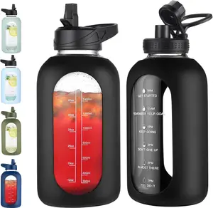 64 oz Glass Water Bottle With Straw and Handle, Half Gallon Sports Leakproof Jug Flask with Silicone Sleeve