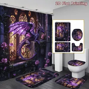 4PCS Mystical Dragon Shower Curtain set, Purple Dragon and Roses Bathroom Decor, Accessories with Bath Mat, U-shaped Mat, Toilet Lid Cover, 12 Hooks 180x180cm Curtain, Fantasy Enthusiast, Home Decor, bathroom accessories
