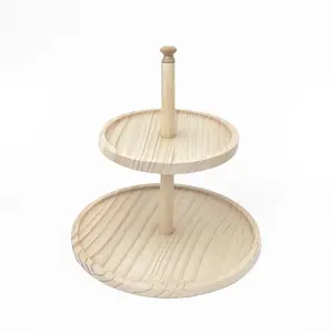 1Pcs Natural Wood 2-Tier Round Serving Tray, Rustic Two-Tiered Wooden Stand, Food-Safe Display Platter for Desserts, Fruits & Snacks, Minimalist Farmhouse Decor for Kitchen, Parties & Home Organization