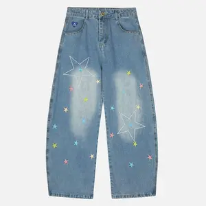 Aelfric Eden Stars Embroidery Baggy Barrel Jeans Wide Leg Y2K Denim Pants Straight Loose Jeans Streetwear Unisex