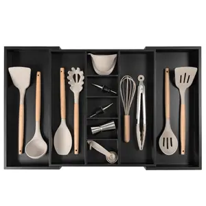 Bamboo Utensils & Junk Drawer Organizer, Food-Safe Contract Grade - Black Finish (Expands 15.75-28in) Boxes Kitchen