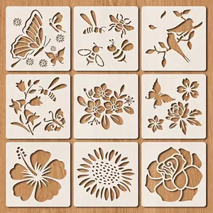 Flower & Bee & Butterfly Pattern Wooden Painting Stencil, 9 Counts/set Reusable DIY Painting Stencil, DIY Craft Stencil for Wooden Wall Canvas Home Decor, Crafting Kit