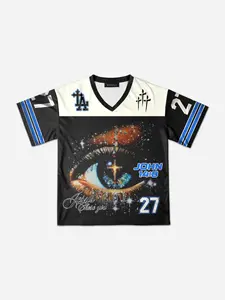 Men's Christian Faith Print Sports Jersey, Summer Streetwear, Jesus Theme Design, Vintage Style, V Neck, Striped Sleeves, Casual Fashion