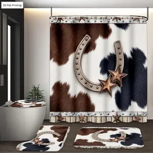 1/3/4PCS Western Horseshoe and Stars on Cowhide Pattern Shower Curtain Set with Rugs, Non Slip Bath Mat, U-Shape Carpet, Toilet Lid Cover, Polyester Fabric Bathtub Curtain Accessories, 12 Hooks, Home Bathroom Festival Decor
