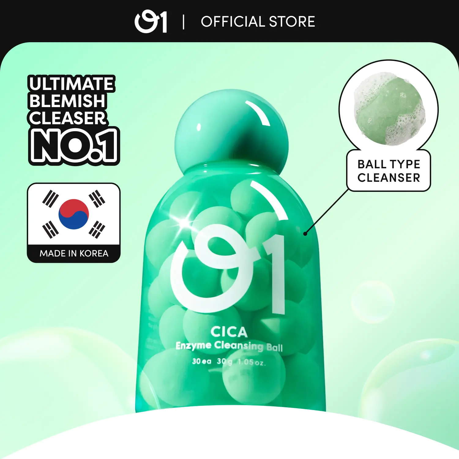 O1 CICA Enzyme Cleansing Ball (30g / 1.05 oz) | Acne-Safe Sensitive Skin Soothing Cleanser | Triple TECA & Matcha for Redness Relief | Hypoallergenic Mild Exfoliator | Korean Calming Cleanser