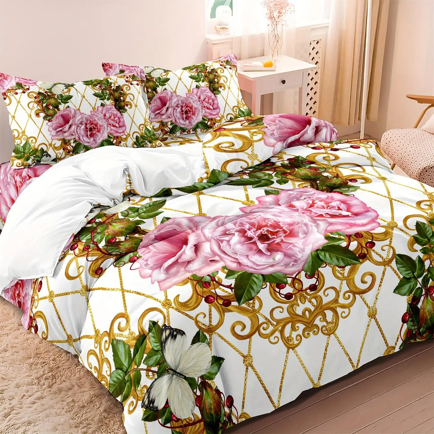 Luxury Style Floral Pattern Bedding Set, 1 Set Including 1 Duvet Cover & 2 Pillowcases without Filler, Soft Comfortable Bedding Set for Home Bedroom H