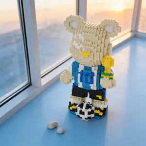 Blue Football Lucky Bear 3D Puzzle Building Block, Home Office Decor, Party Decoration, Ideal Gift, Handmade Craft, Fine Carving, Lightweight Statue